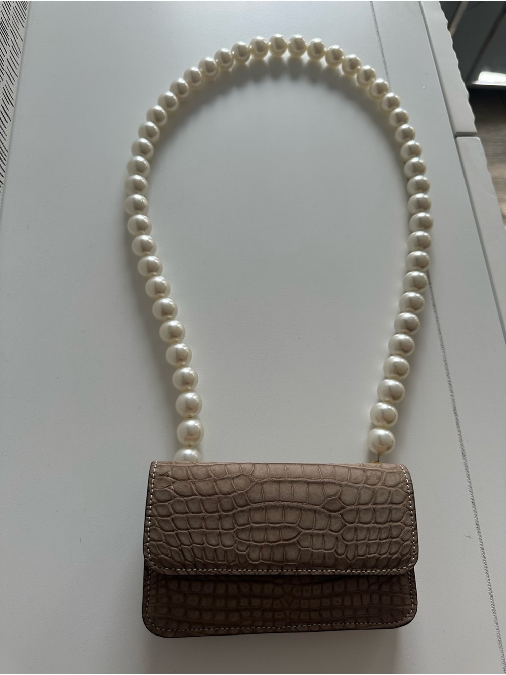 Taupe Croc Embossed Mini Bag Pearl Handle Clutch Crossbody Purse